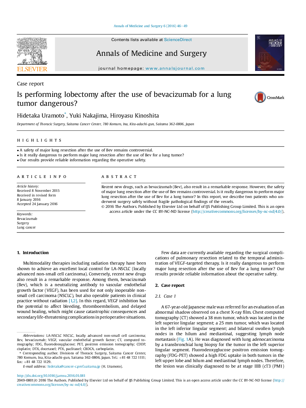 Is performing lobectomy after the use of bevacizumab for a lung tumor dangerous?