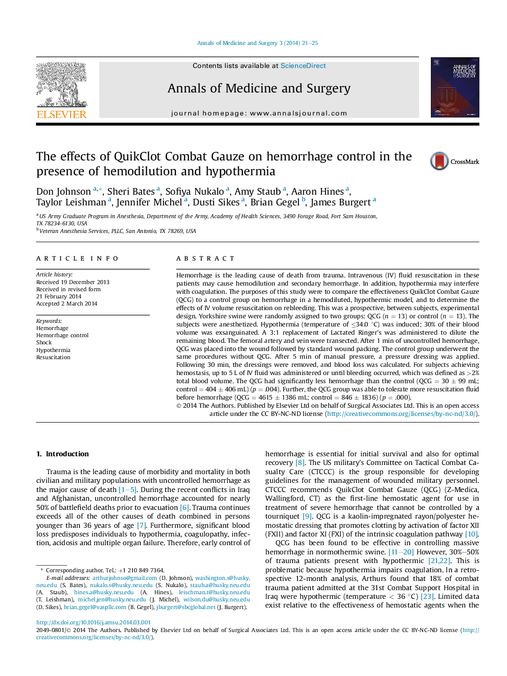 The effects of QuikClot Combat Gauze on hemorrhage control in the presence of hemodilution and hypothermia