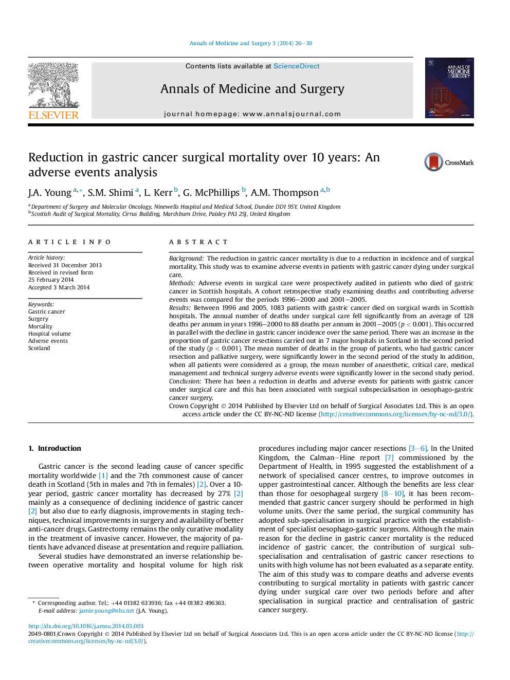 Reduction in gastric cancer surgical mortality over 10 years: An adverse events analysis