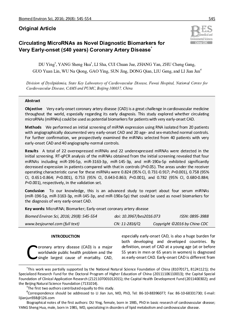 Circulating MicroRNAs as Novel Diagnostic Biomarkers for Very Early-onset (≤40 years) Coronary Artery Disease 