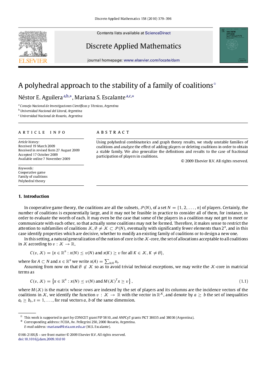 A polyhedral approach to the stability of a family of coalitions 