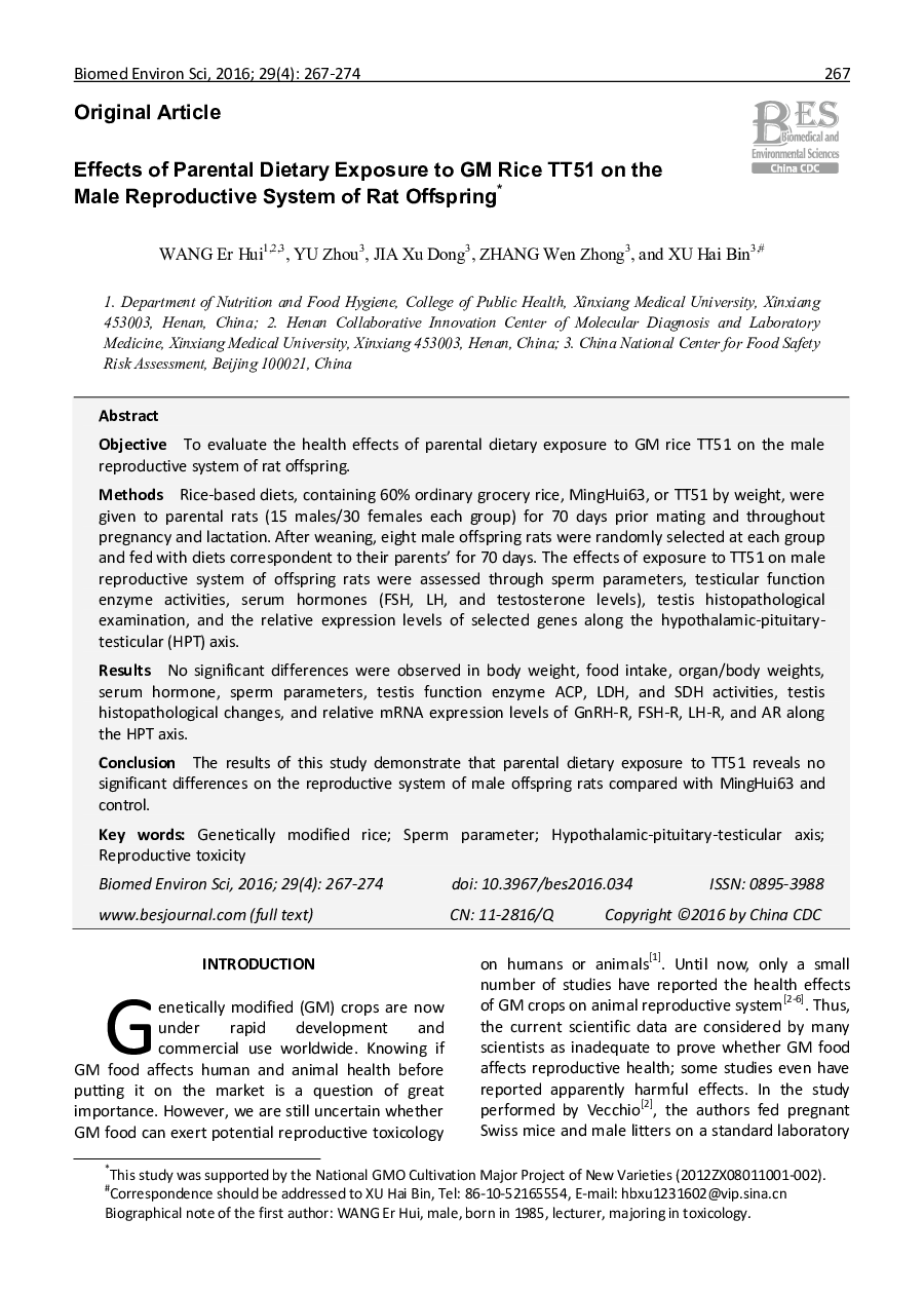 Effects of Parental Dietary Exposure to GM Rice TT51 on the Male Reproductive System of Rat Offspring 