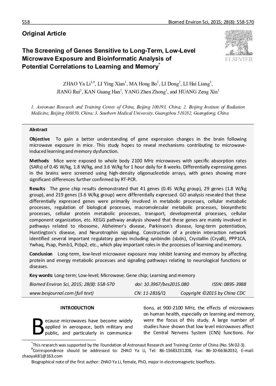 The Screening of Genes Sensitive to Long-Term, Low-Level Microwave Exposure and Bioinformatic Analysis of Potential Correlations to Learning and Memory 