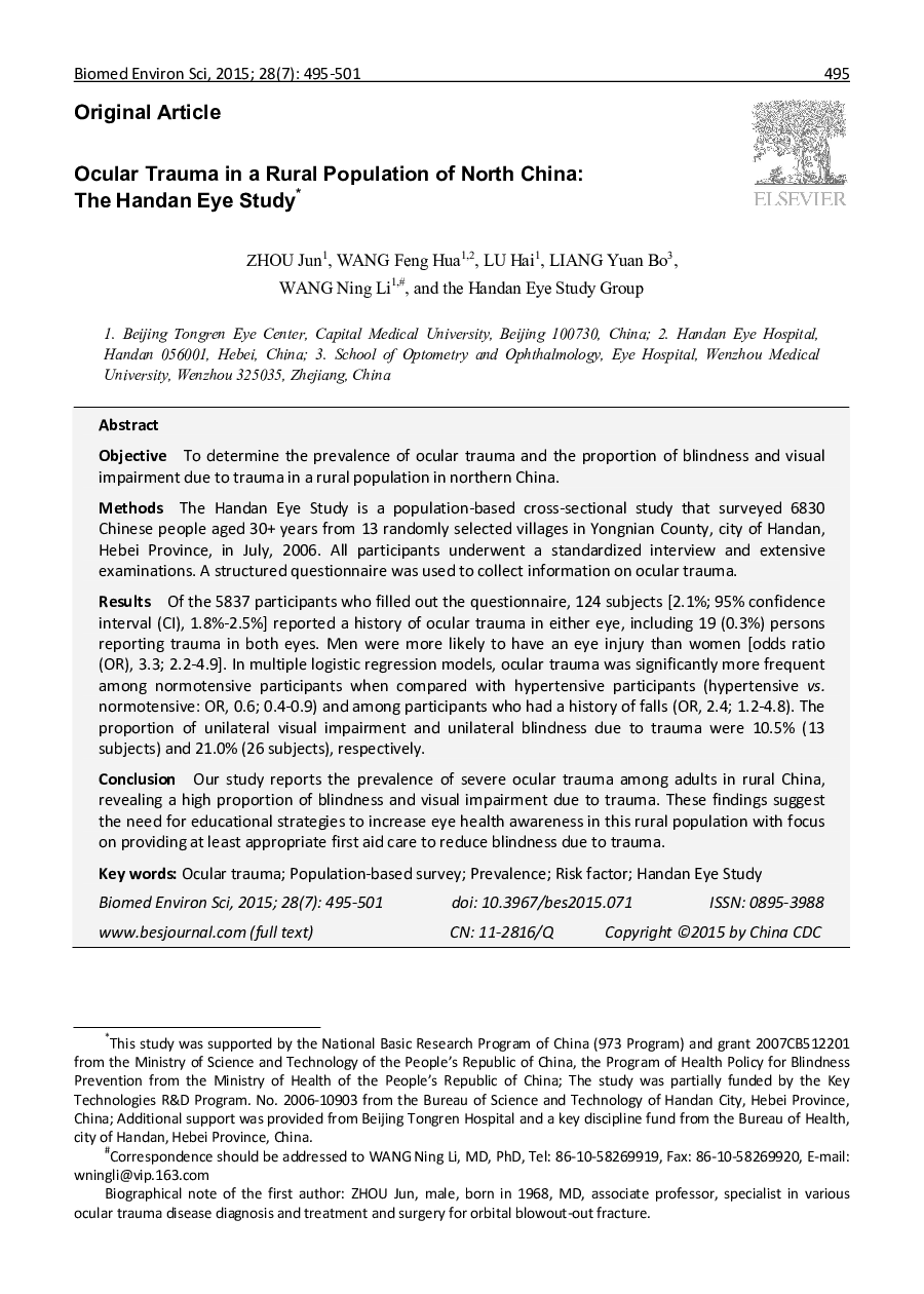 Ocular Trauma in a Rural Population of North China: The Handan Eye Study 