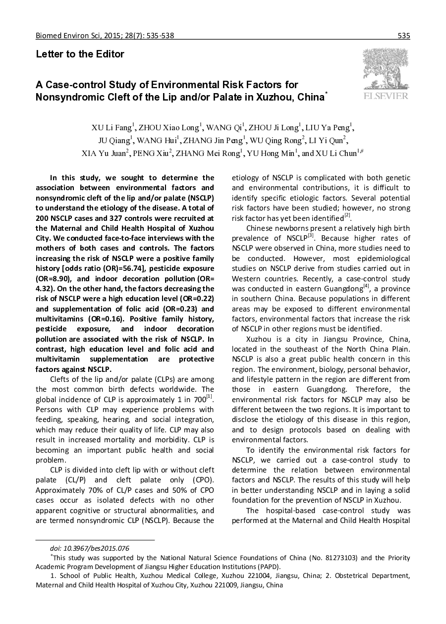 A Case-control Study of Environmental Risk Factors for Nonsyndromic Cleft of the Lip and/or Palate in Xuzhou, China 