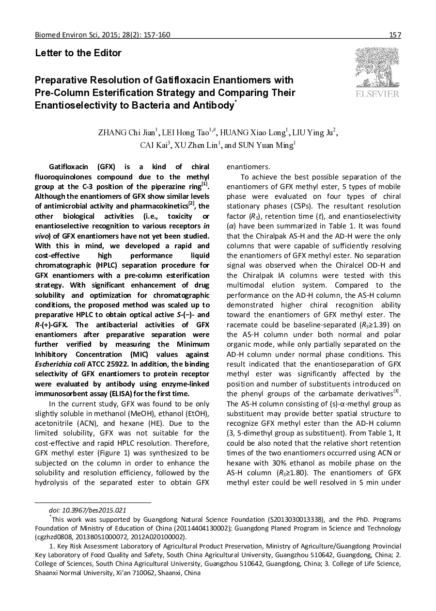 Preparative Resolution of Gatifloxacin Enantiomers with Pre-Column Esterification Strategy and Comparing Their Enantioselectivity to Bacteria and Antibody 