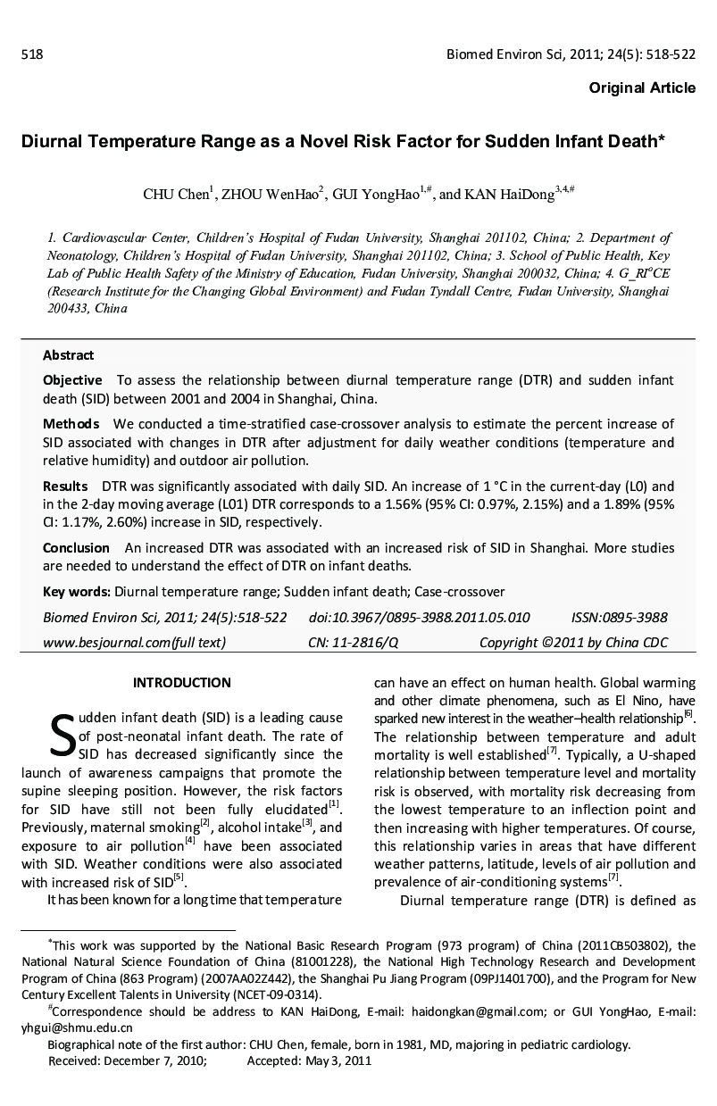 Diurnal Temperature Range as a Novel Risk Factor for Sudden Infant Death 