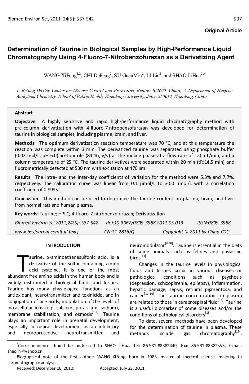 Determination of Taurine in Biological Samples by High-Performance Liquid Chromatography Using 4-Fluoro-7-Nitrobenzofurazan as a Derivatizing Agent