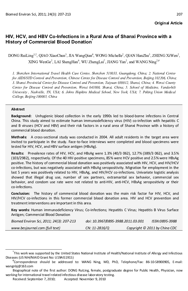 HIV, HCV, and HBV Co-Infections in a Rural Area of Shanxi Province with a History of Commercial Blood Donation 