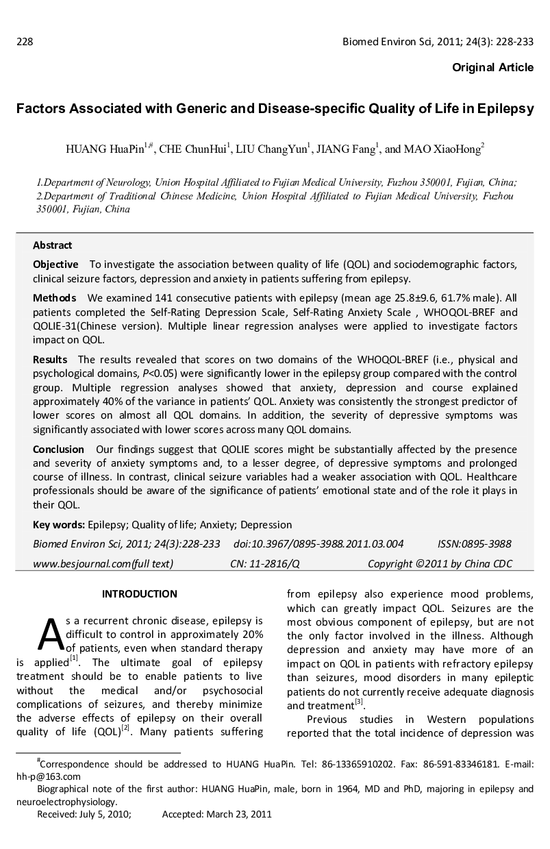 Factors Associated with Generic and Disease-specific Quality of Life in Epilepsy