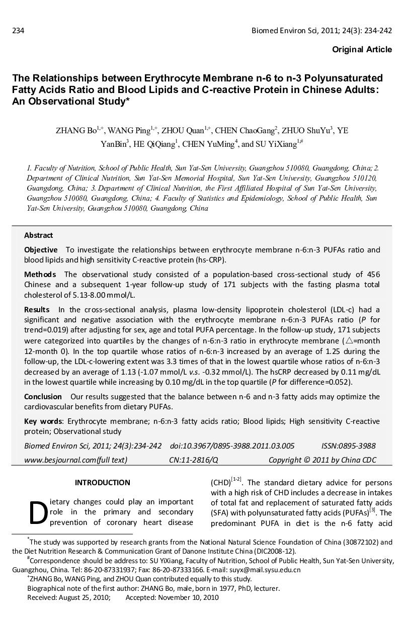 The Relationships between Erythrocyte Membrane n-6 to n-3 Polyunsaturated Fatty Acids Ratio and Blood Lipids and C-reactive Protein in Chinese Adults: An Observational Study 