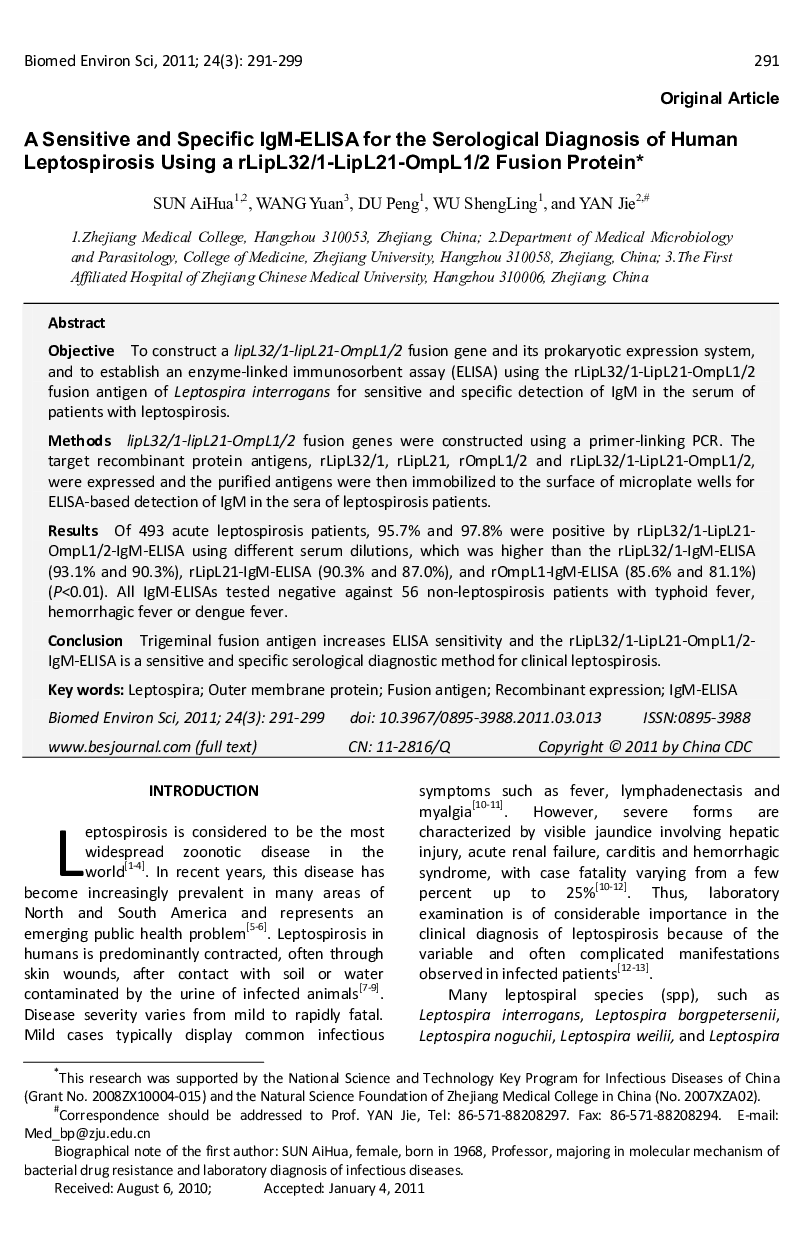 A Sensitive and Specific IgM-ELISA for the Serological Diagnosis of Human Leptospirosis Using a rLipL32/1-LipL21-OmpL1/2 Fusion Protein 