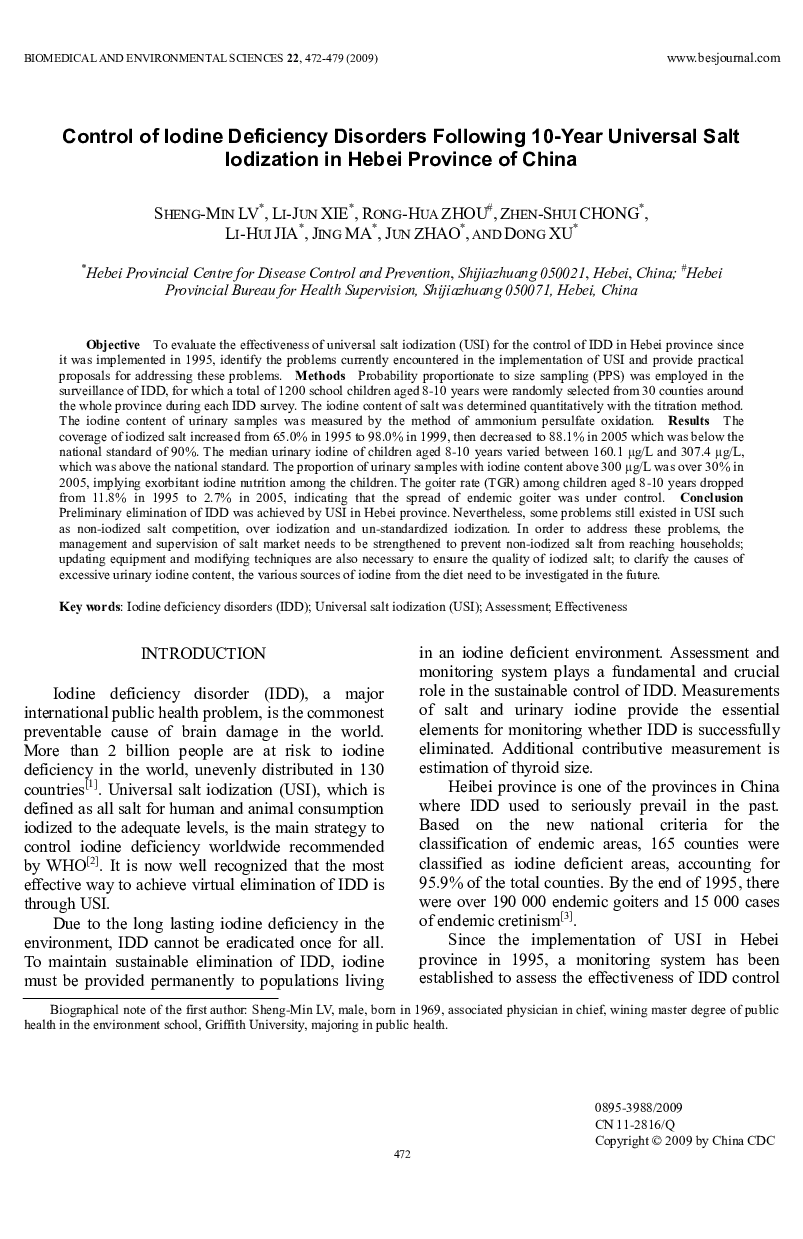Control of Iodine Deficiency Disorders Following 10-Year Universal Salt Iodization in Hebei Province of China
