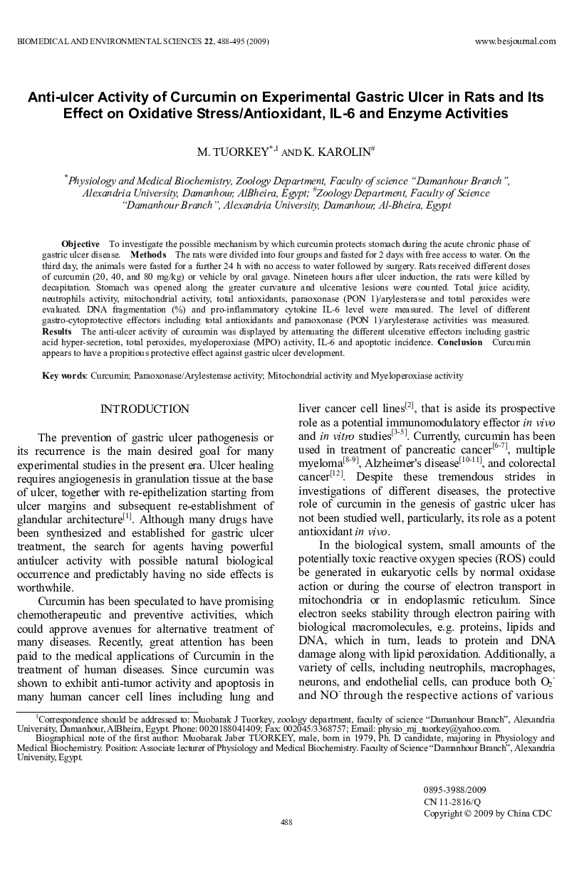 Anti-ulcer Activity of Curcumin on Experimental Gastric Ulcer in Rats and Its Effect on Oxidative Stress/Antioxidant, IL-6 and Enzyme Activities