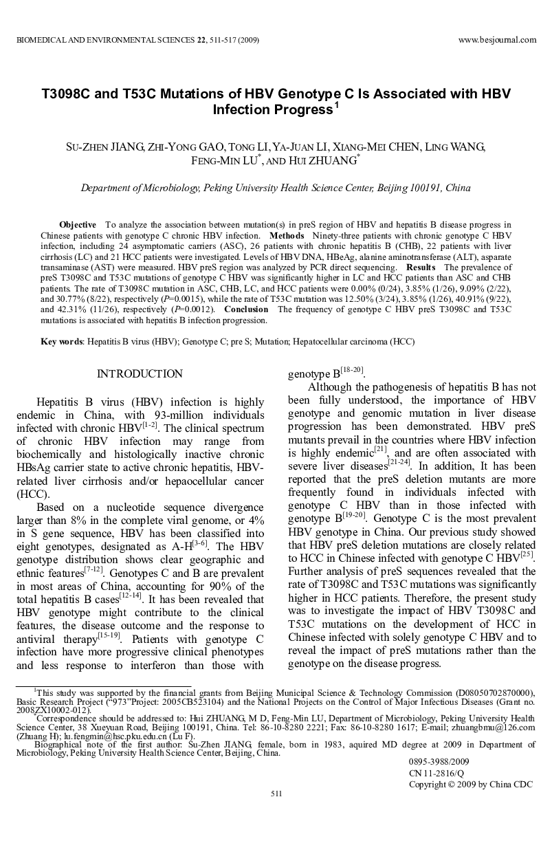 T3098C and T53C Mutations of HBV Genotype C Is Associated with HBV Infection Progress 
