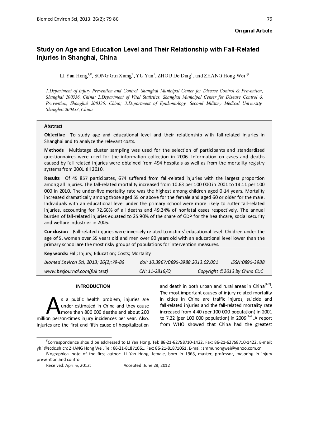 Study on Age and Education Level and Their Relationship with Fall-Related Injuries in Shanghai, China