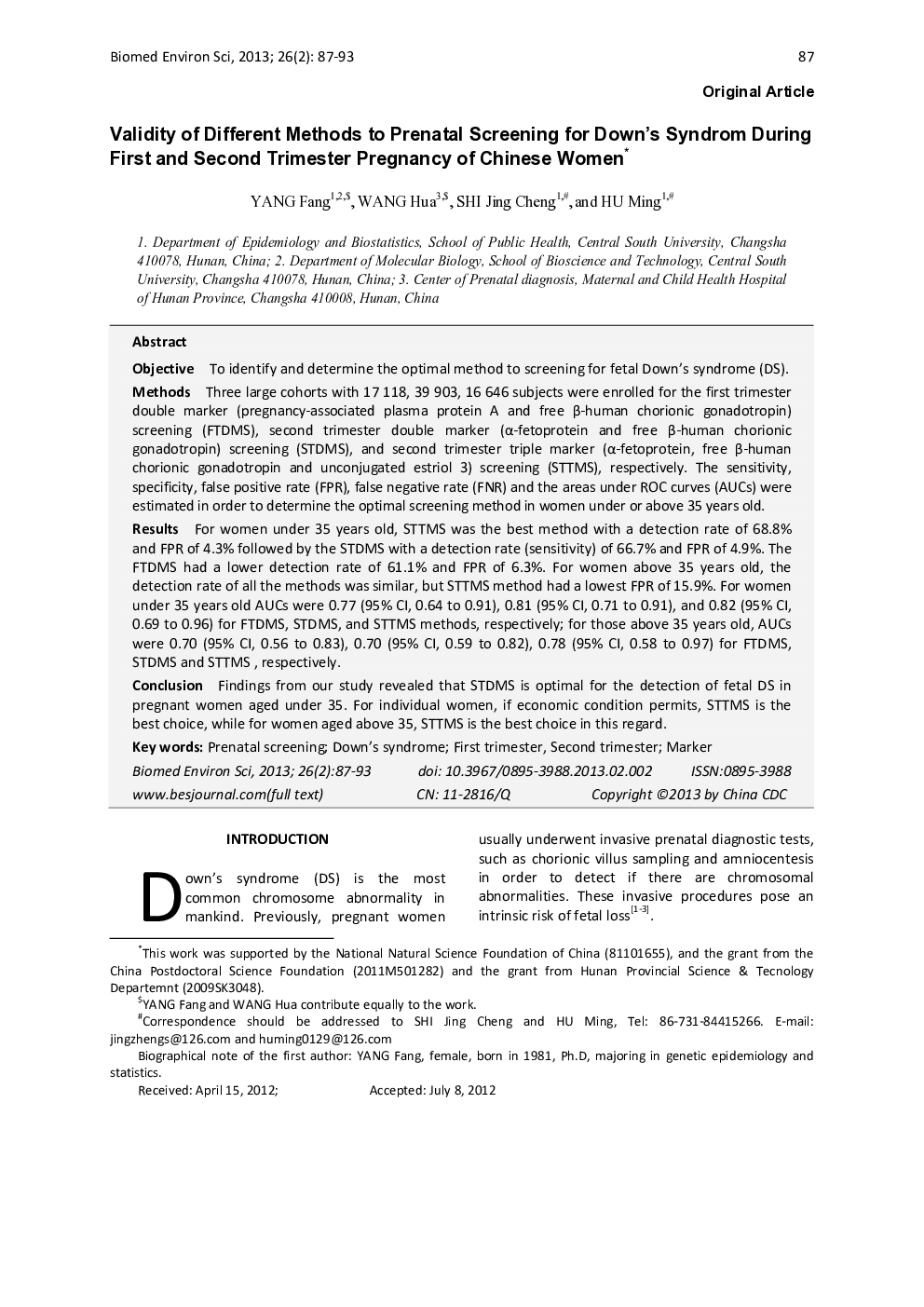 Validity of Different Methods to Prenatal Screening for Down's Syndrom During First and Second Trimester Pregnancy of Chinese Women 