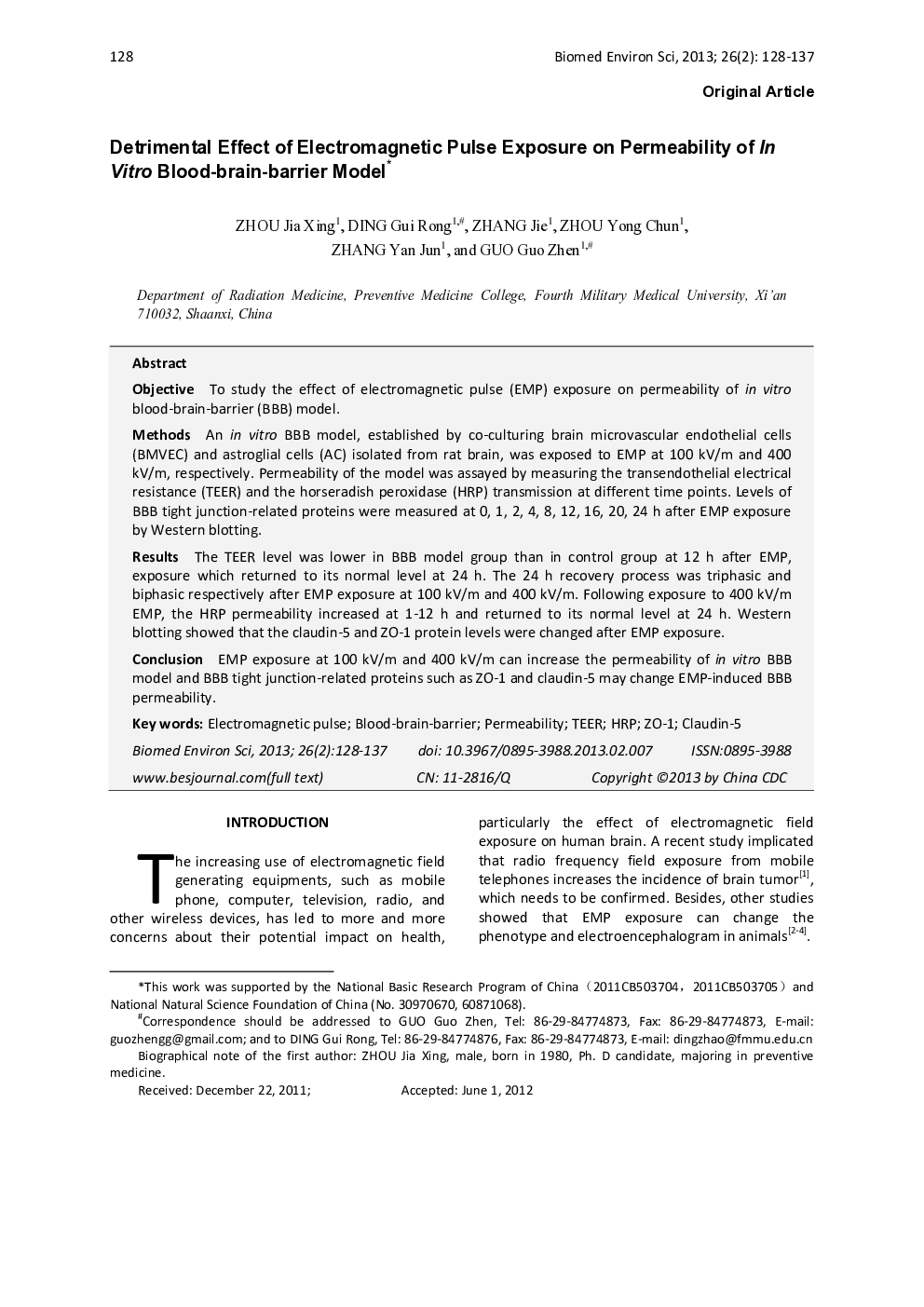 Detrimental Effect of Electromagnetic Pulse Exposure on Permeability of In Vitro Blood-brain-barrier Model 