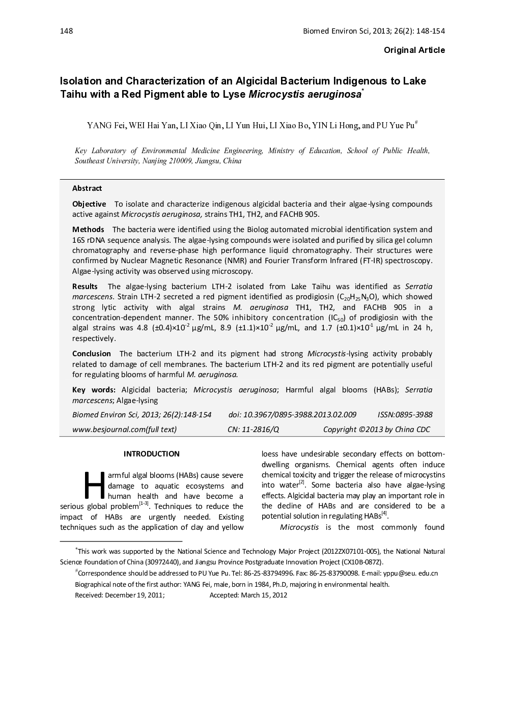 عکس صفحه اول مقاله: Isolation and Characterization of an Algicidal Bacterium Indigenous to Lake Taihu with a Red Pigment able to Lyse Microcystis aeruginosa Isolation and Characterization of an Algicidal Bacterium Indigenous to Lake Taihu with a Red Pigment able to Lyse Microcystis aeruginosa