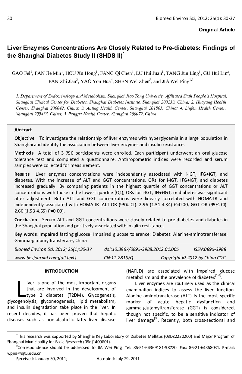 Liver Enzymes Concentrations Are Closely Related to Prediabetes: Findings of the Shanghai Diabetes Study II (SHDS II) 