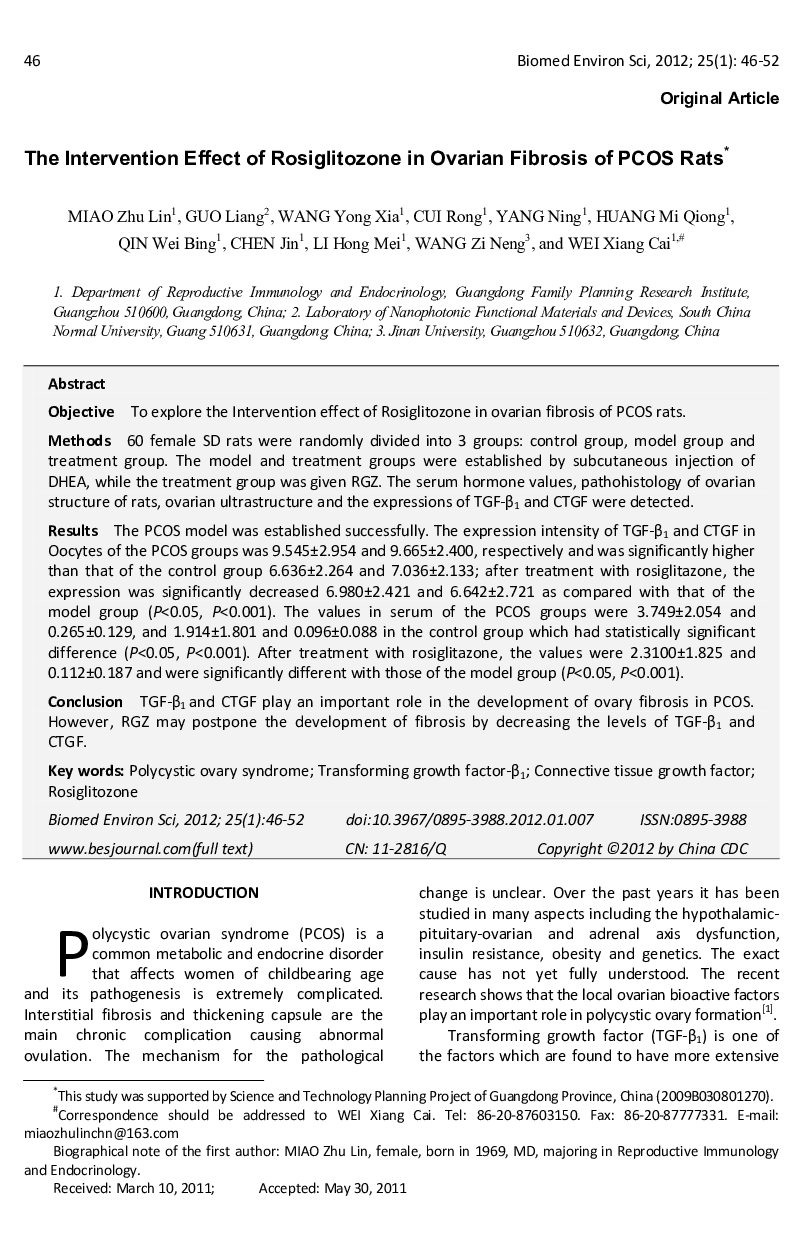 The Intervention Effect of Rosiglitozone in Ovarian Fibrosis of PCOS Rats 