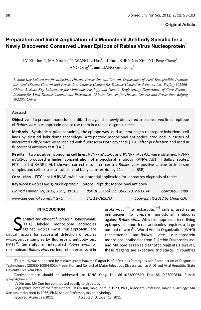 Preparation and Initial Application of a Monoclonal Antibody Specific for a Newly Discovered Conserved Linear Epitope of Rabies Virus Nucleoprotein 