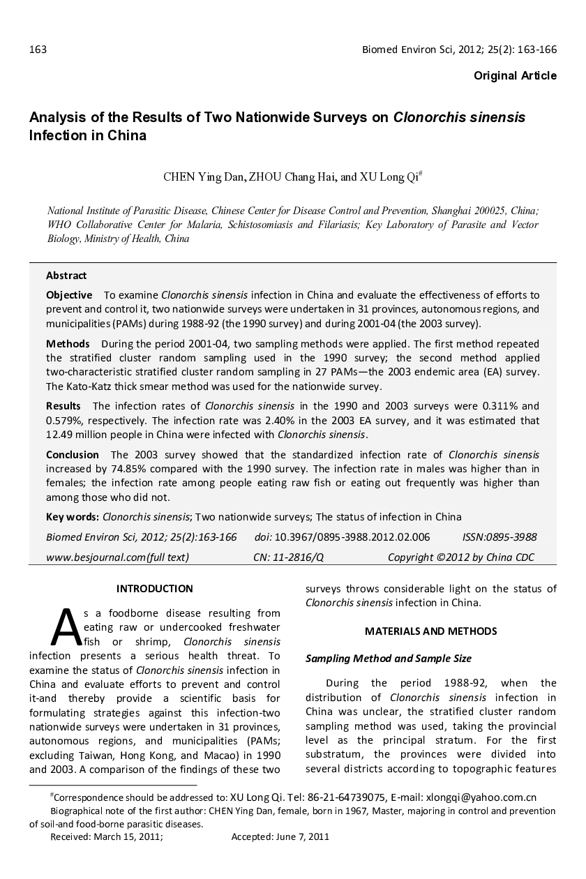 Analysis of the Results of Two Nationwide Surveys on Clonorchis sinensis Infection in China