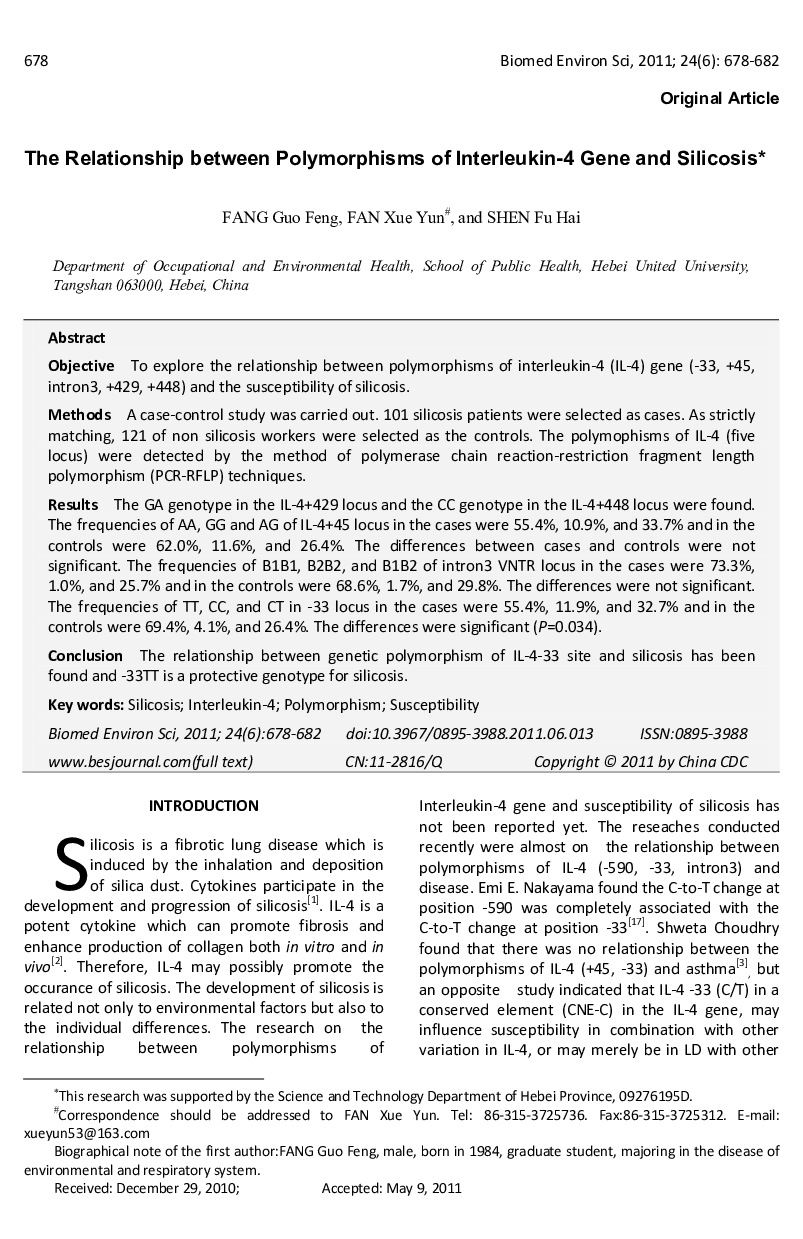 The Relationship between Polymorphisms of Interleukin-4 Gene and Silicosis 