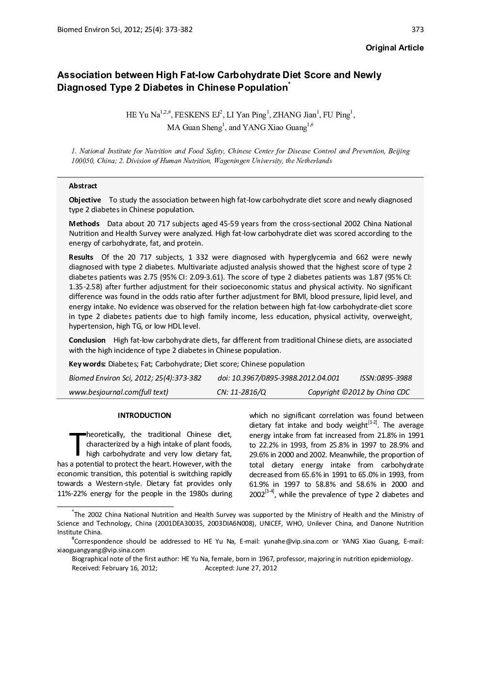 Association between High Fat-low Carbohydrate Diet Score and Newly Diagnosed Type 2 Diabetes in Chinese Population 