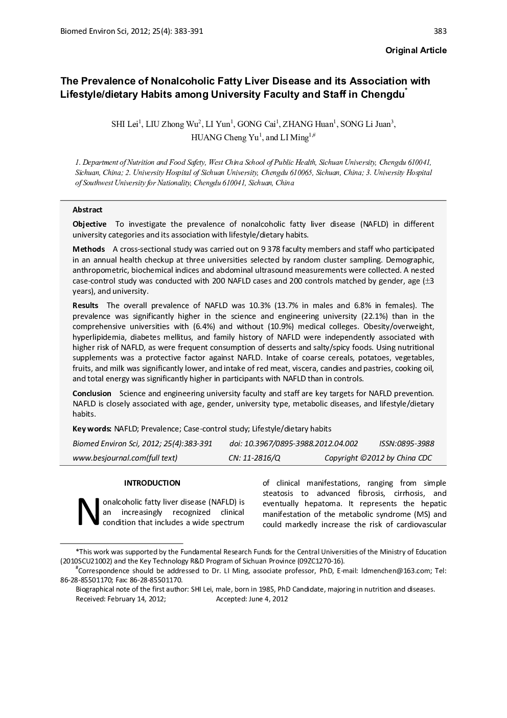 The Prevalence of Nonalcoholic Fatty Liver Disease and its Association with Lifestyle/dietary Habits among University Faculty and Staff in Chengdu 