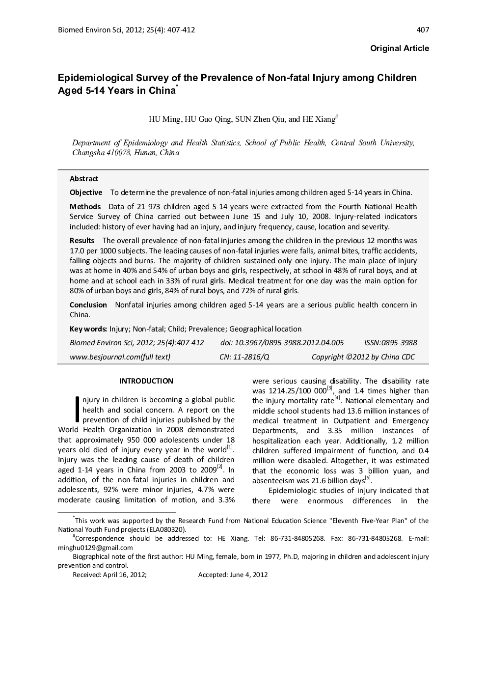 Epidemiological Survey of the Prevalence of Non-fatal Injury among Children Aged 5–14 Years in China 
