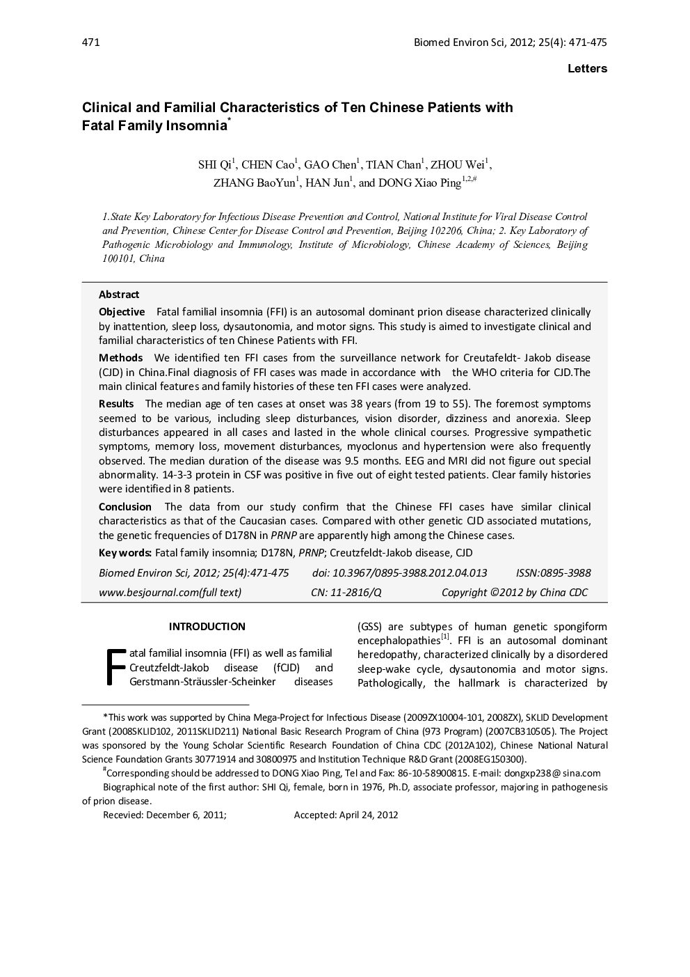 Clinical and Familial Characteristics of Ten Chinese Patients with Fatal Family Insomnia 