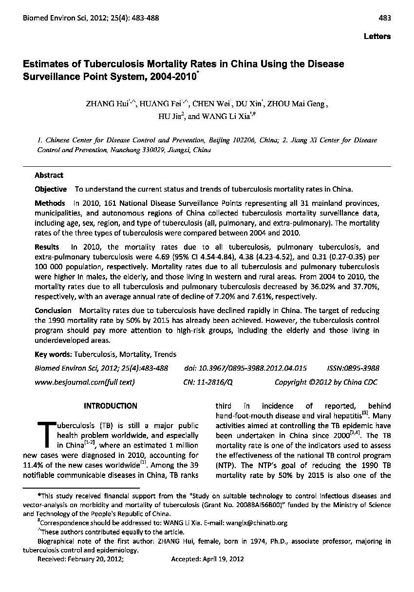 Estimates of Tuberculosis Mortality Rates in China Using the Disease Surveillance Point System, 2004–2010 