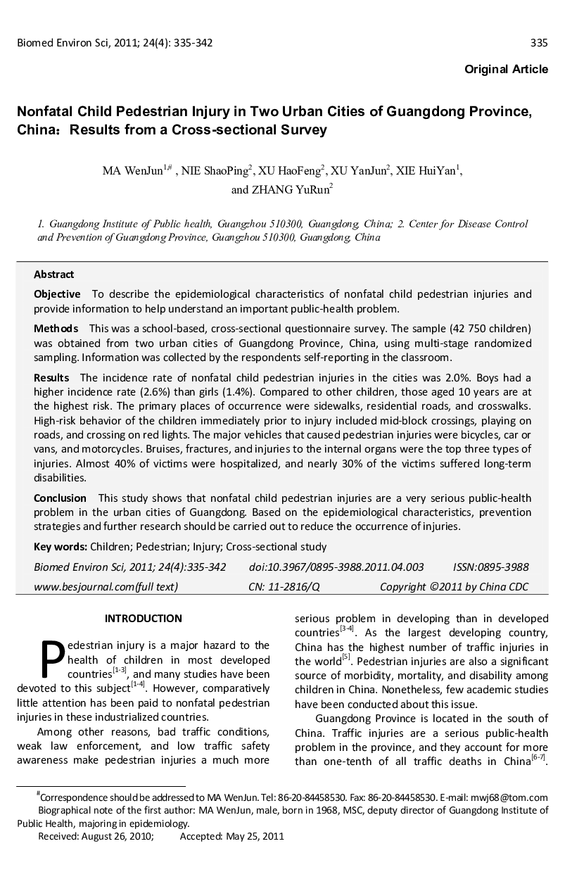Nonfatal Child Pedestrian Injury in Two Urban Cities of Guangdong Province, China: Results from a Cross-sectional Survey