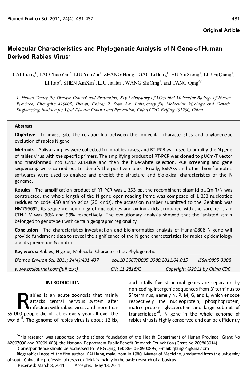 Molecular Characteristics and Phylogenetic Analysis of N Gene of Human Derived Rabies Virus 