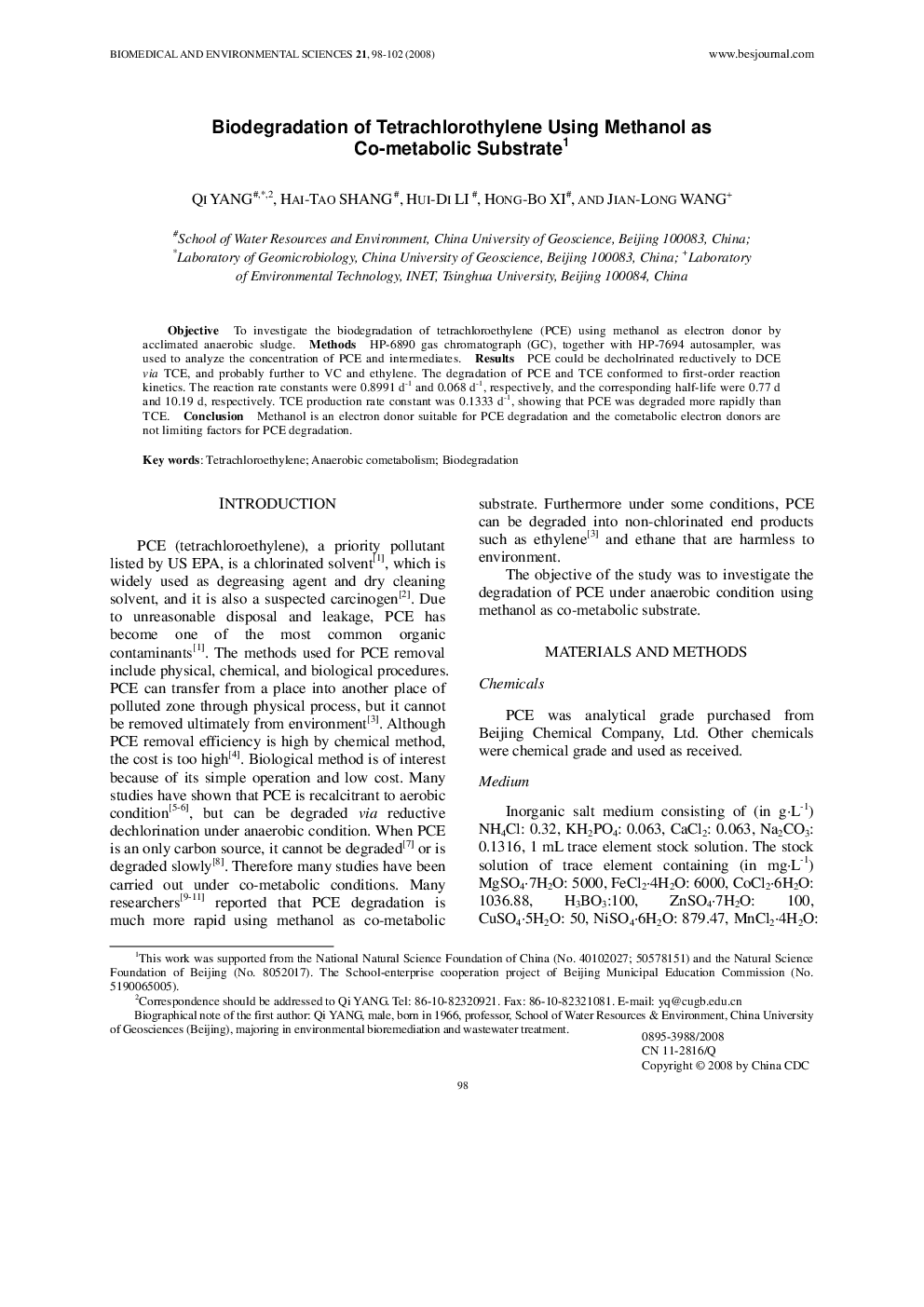 Biodegradation of Tetrachlorothylene Using Methanol as Co-metabolic Substrate1 