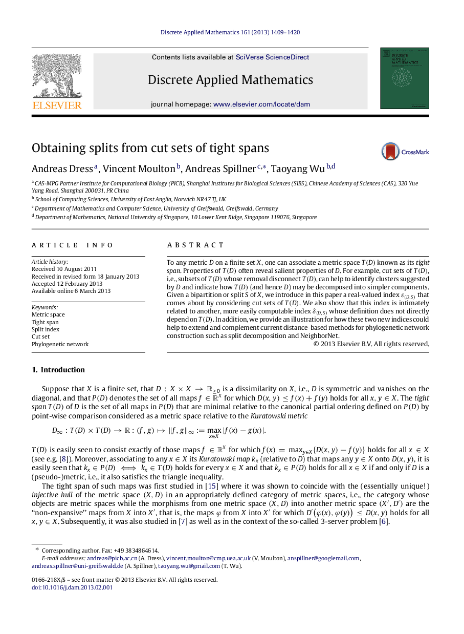 Obtaining splits from cut sets of tight spans