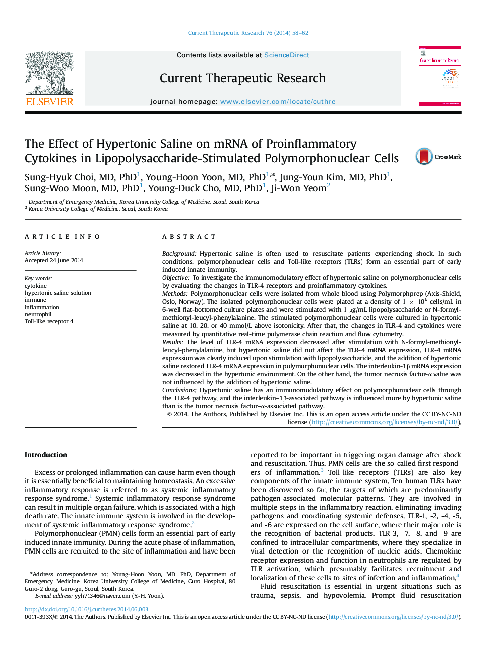 The Effect of Hypertonic Saline on mRNA of Proinflammatory Cytokines in Lipopolysaccharide-Stimulated Polymorphonuclear Cells