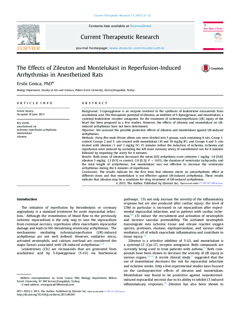 The Effects of Zileuton and Montelukast in Reperfusion-Induced Arrhythmias in Anesthetized Rats