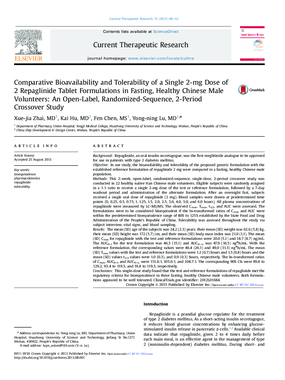 Comparative Bioavailability and Tolerability of a Single 2-mg Dose of 2 Repaglinide Tablet Formulations in Fasting, Healthy Chinese Male Volunteers: An Open-Label, Randomized-Sequence, 2-Period Crossover Study