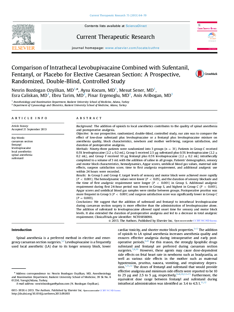 Comparison of Intrathecal Levobupivacaine Combined with Sufentanil, Fentanyl, or Placebo for Elective Caesarean Section: A Prospective, Randomized, Double-Blind, Controlled Study