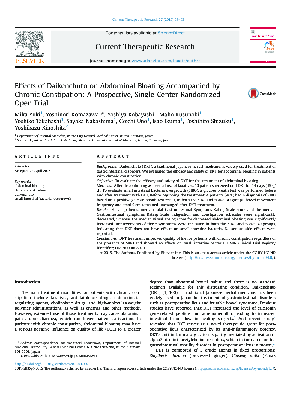 عکس صفحه اول مقاله: Effects of Daikenchuto on Abdominal Bloating Accompanied by Chronic Constipation: A Prospective, Single-Center Randomized Open Trial Effects of Daikenchuto on Abdominal Bloating Accompanied by Chronic Constipation: A Prospective, Single-Center Randomized Open Trial