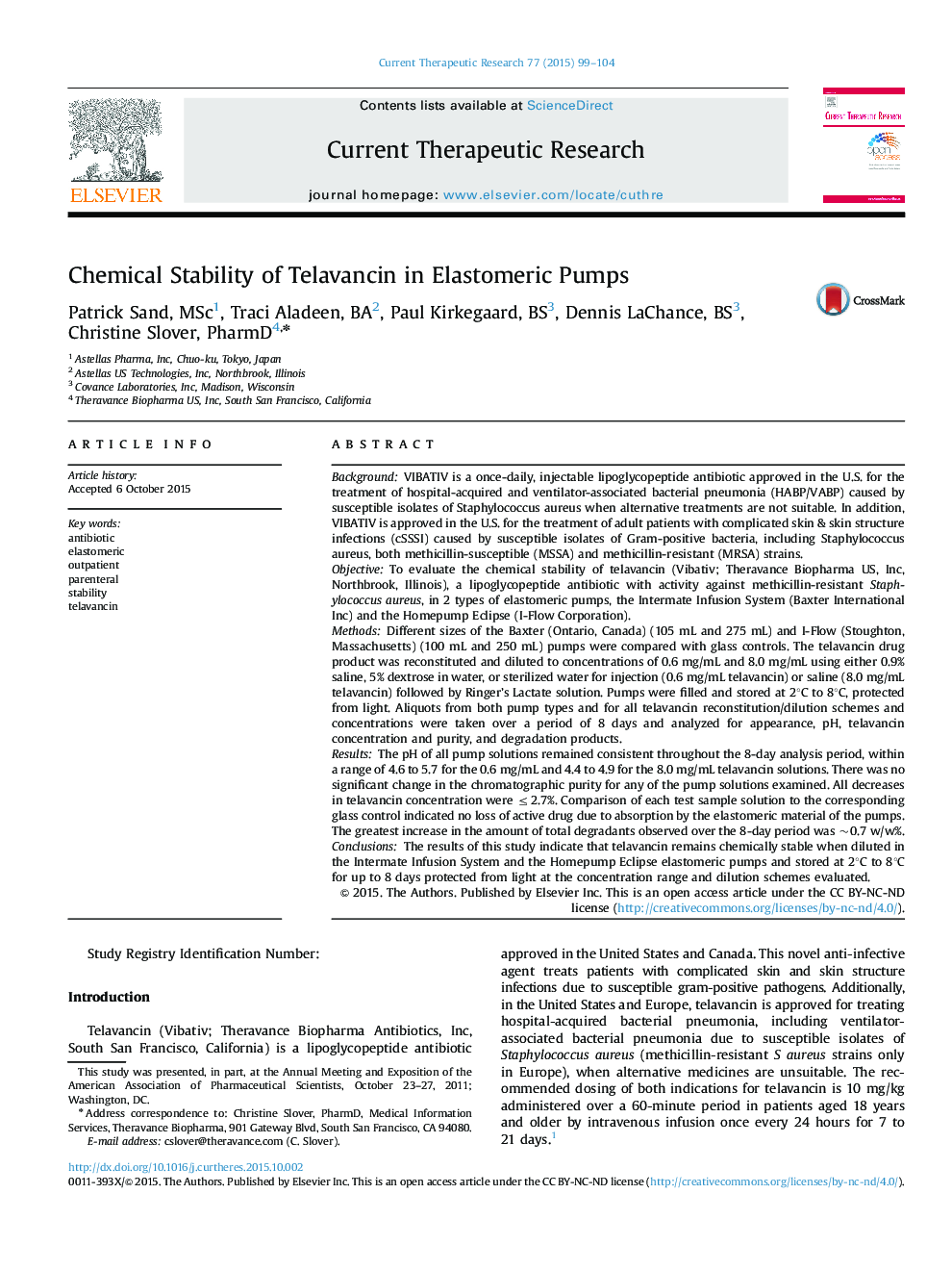 Chemical Stability of Telavancin in Elastomeric Pumps 