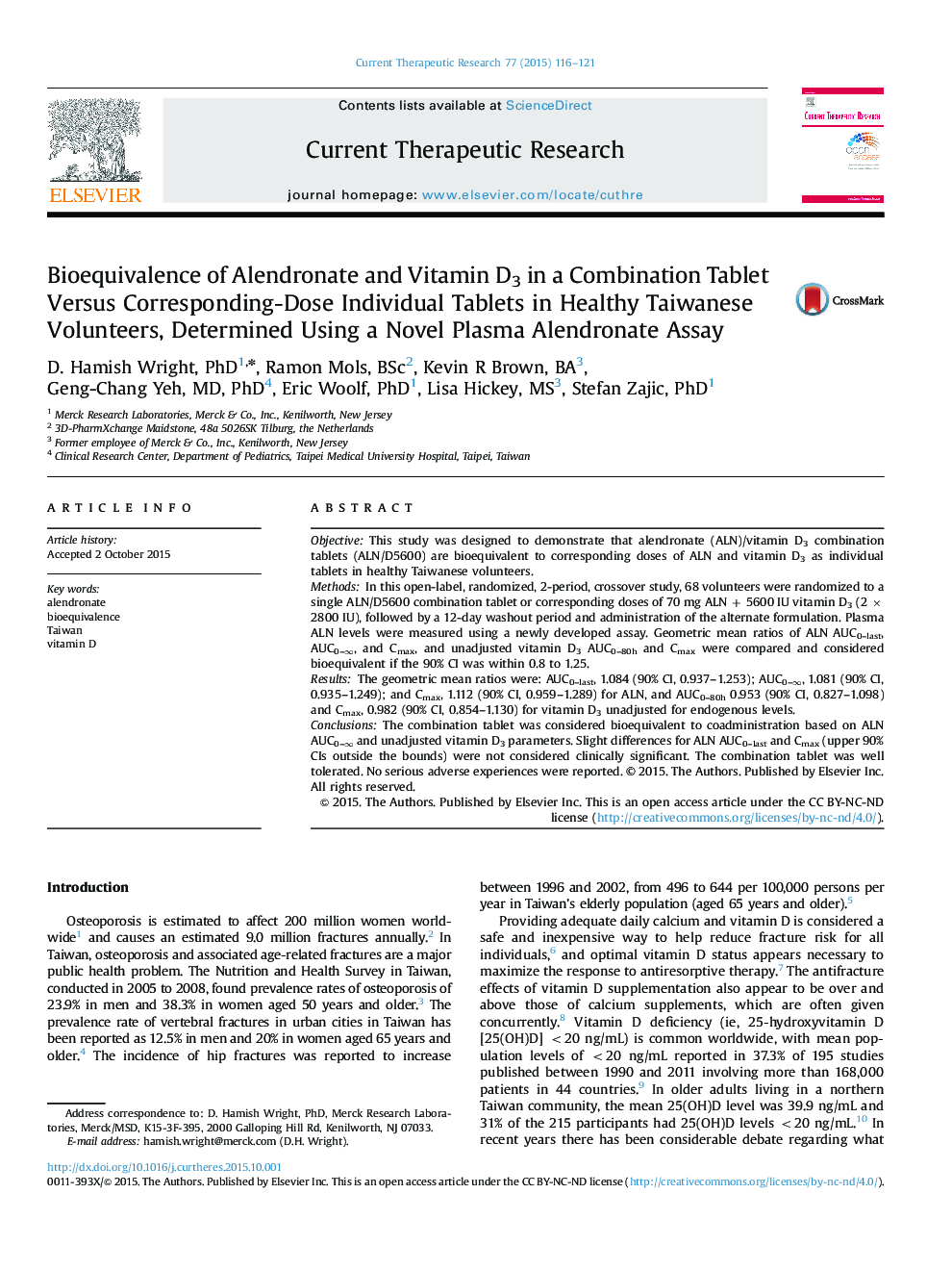 Bioequivalence of Alendronate and Vitamin D3 in a Combination Tablet Versus Corresponding-Dose Individual Tablets in Healthy Taiwanese Volunteers, Determined Using a Novel Plasma Alendronate Assay