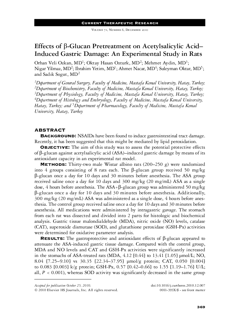 عکس صفحه اول مقاله: Effects of β-glucan pretreatment on acetylsalicylic acid-induced gastric damage: An experimental study in rats Effects of β-glucan pretreatment on acetylsalicylic acid-induced gastric damage: An experimental study in rats