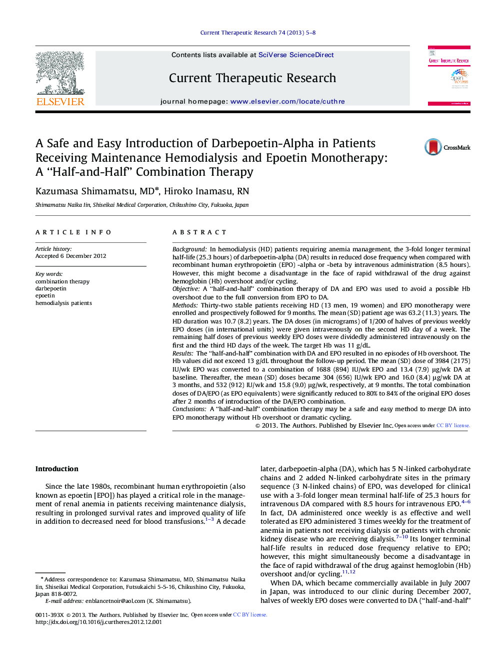 A Safe and Easy Introduction of Darbepoetin-Alpha in Patients Receiving Maintenance Hemodialysis and Epoetin Monotherapy: A “Half-and-Half” Combination Therapy