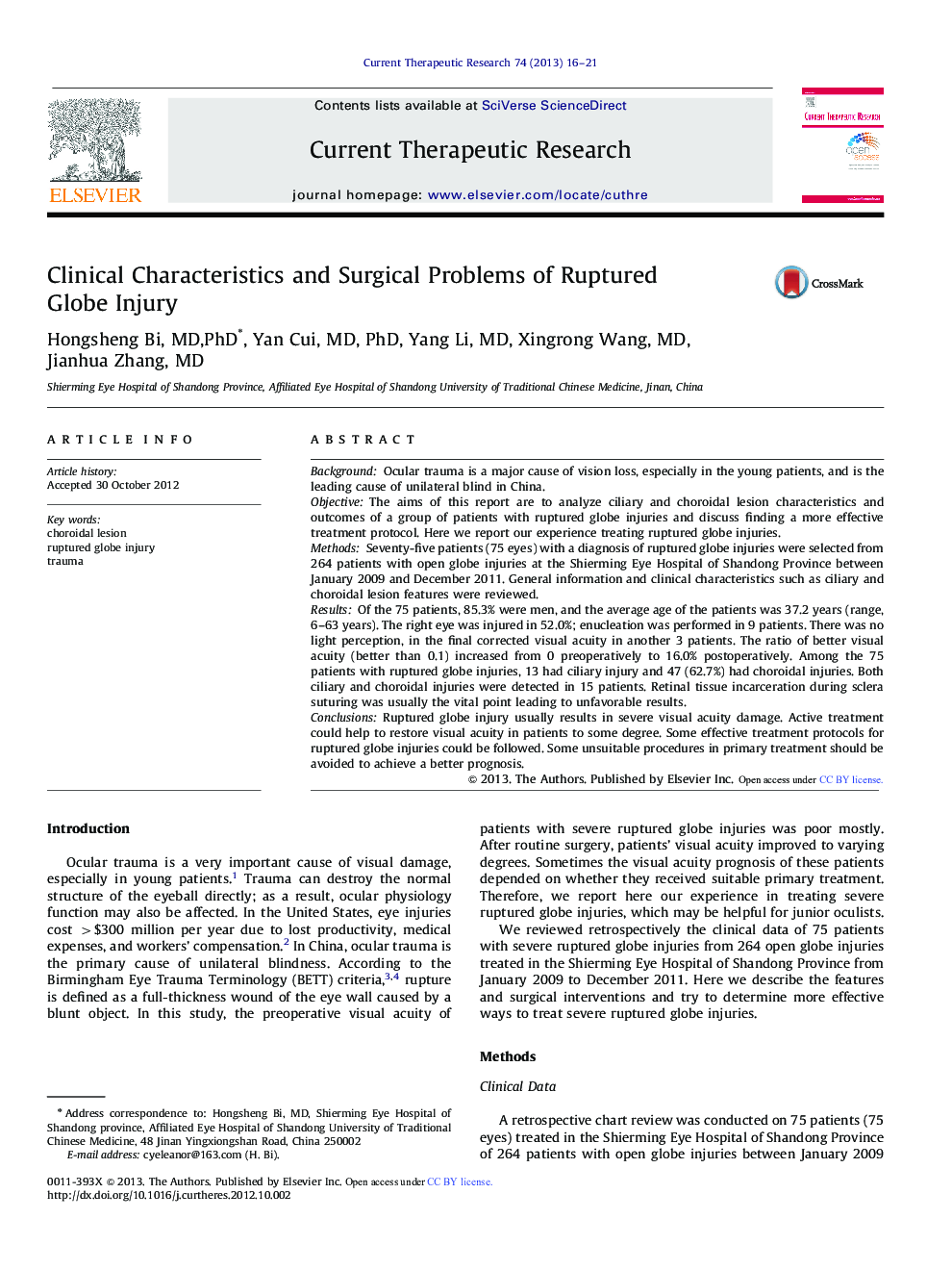 عکس صفحه اول مقاله: Clinical Characteristics and Surgical Problems of Ruptured Globe Injury Clinical Characteristics and Surgical Problems of Ruptured Globe Injury