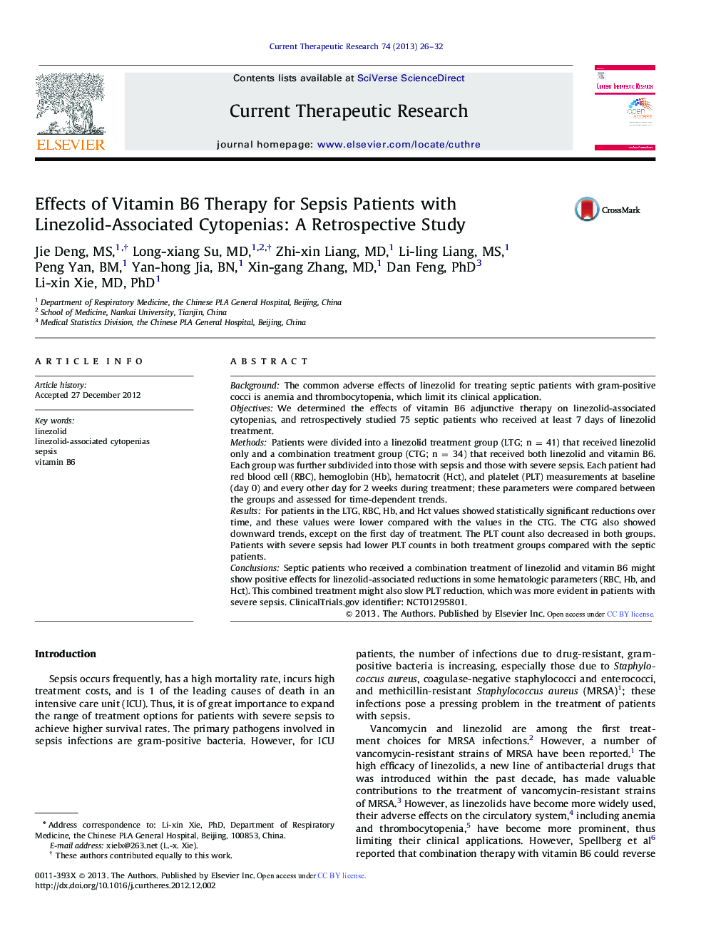 Effects of Vitamin B6 Therapy for Sepsis Patients with Linezolid-Associated Cytopenias: A Retrospective Study