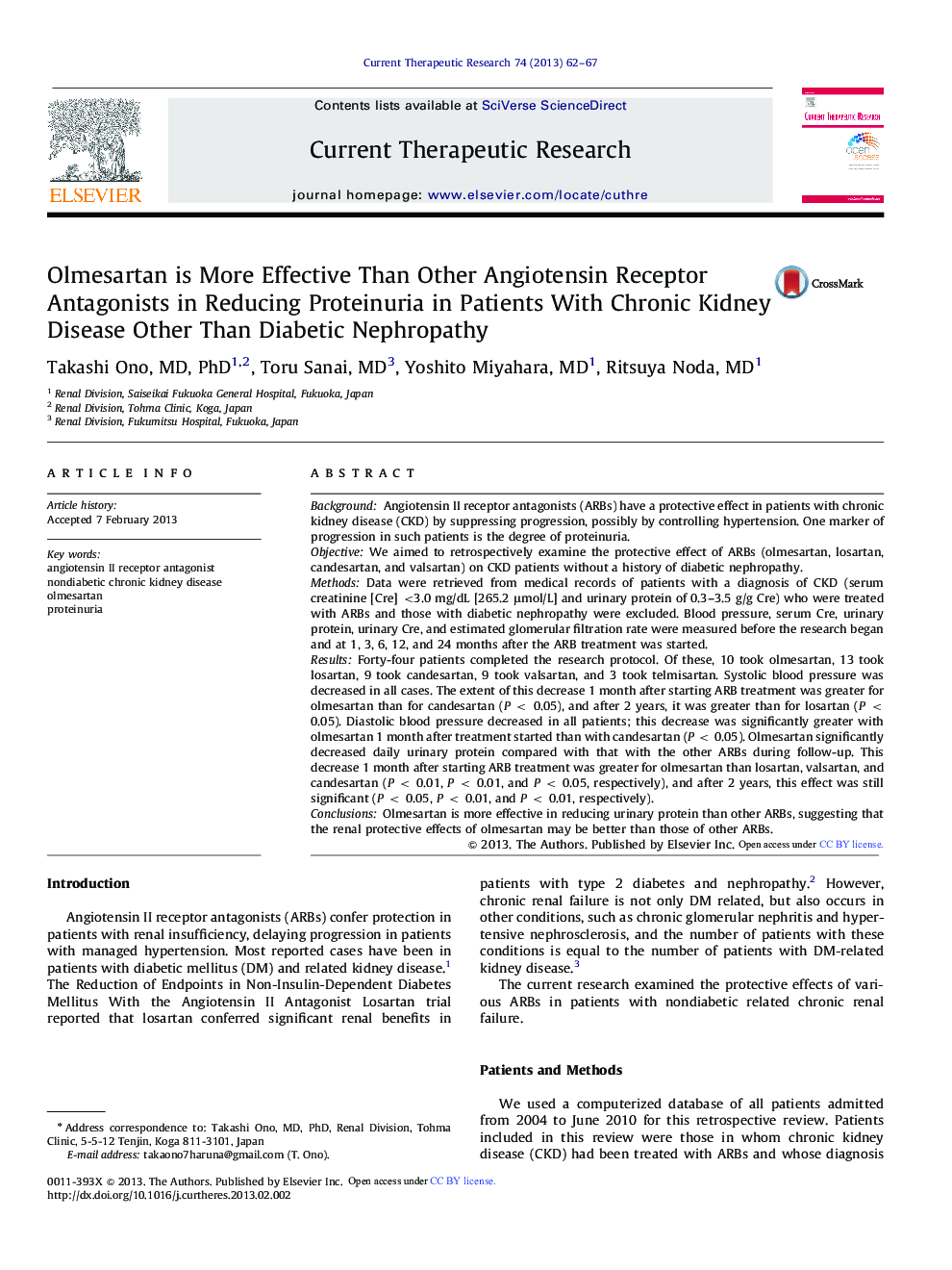 Olmesartan is More Effective Than Other Angiotensin Receptor Antagonists in Reducing Proteinuria in Patients With Chronic Kidney Disease Other Than Diabetic Nephropathy