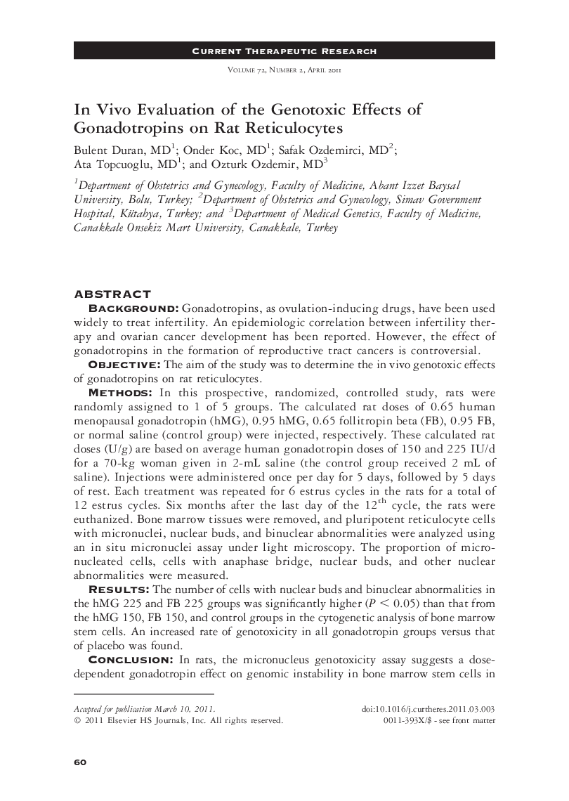 In Vivo Evaluation of the Genotoxic Effects of Gonadotropins on Rat Reticulocytes